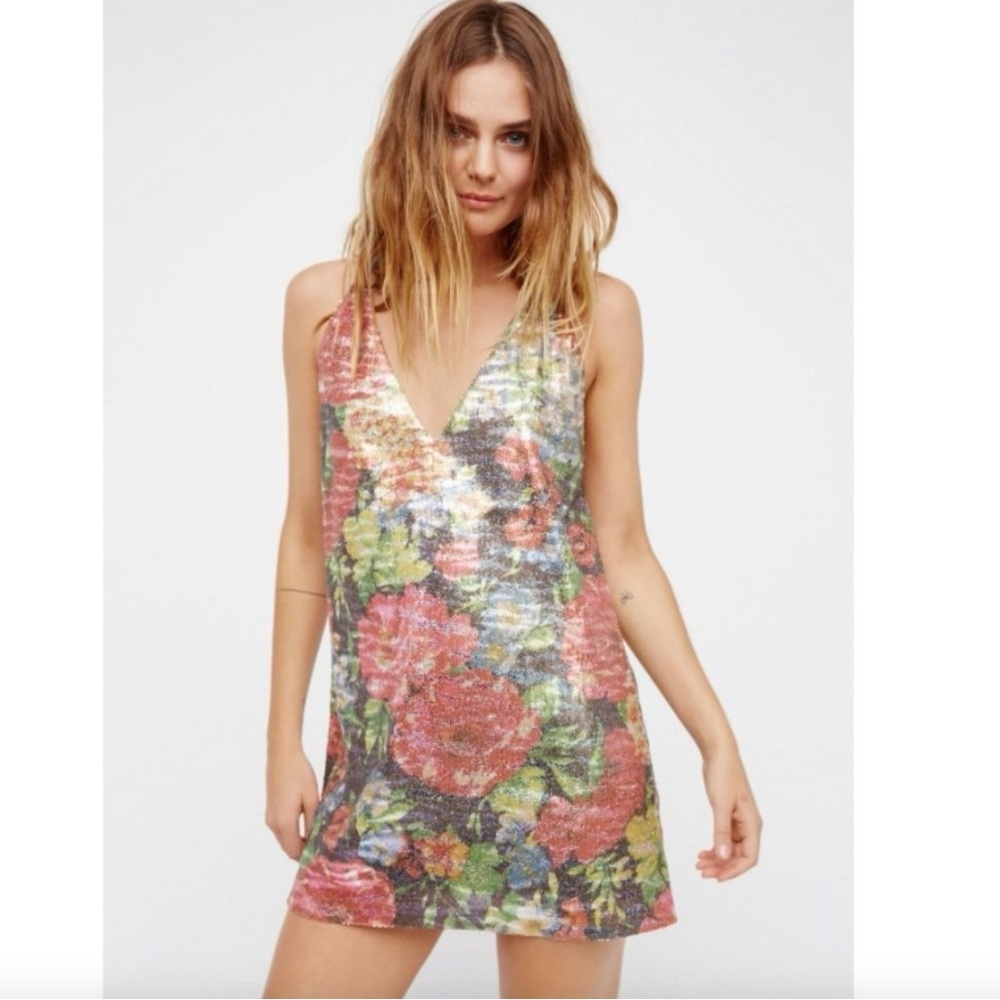 Free People Floral Sequin V-Neck Mini Dress in Pink Green Blue